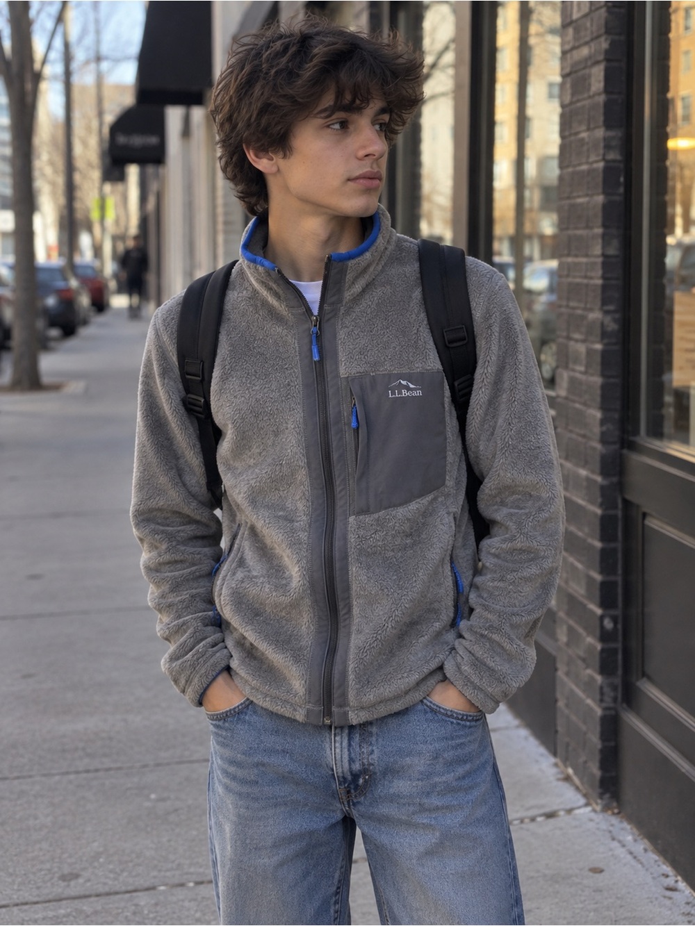 L.L. Bean Gray Fleece Puffer Jacket with Blue Trim
